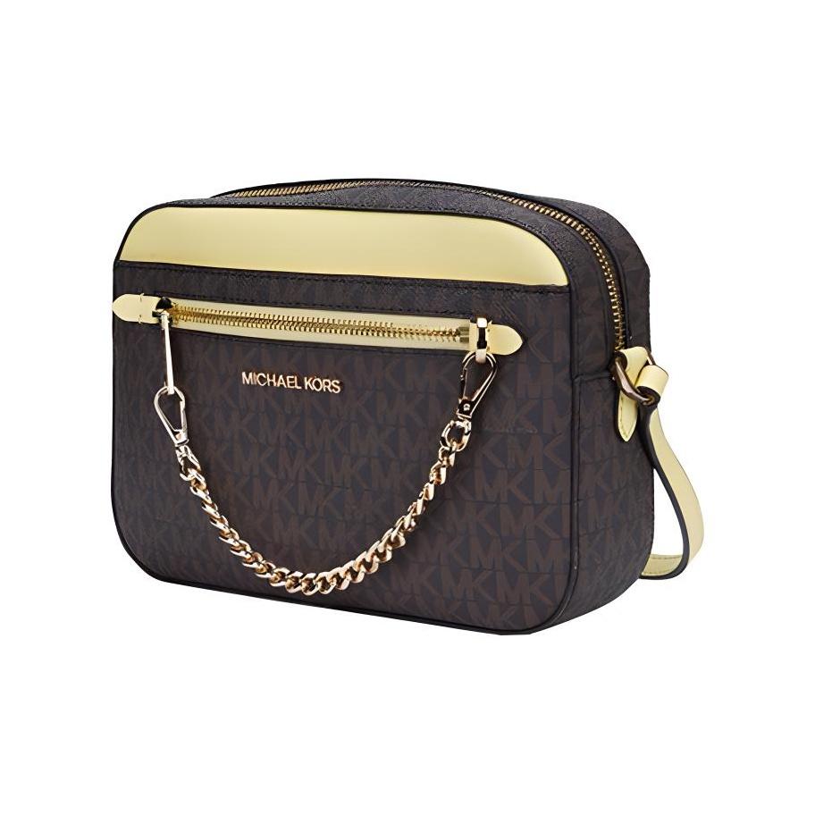 Michael Kors MK Jet Set Monogram Logo Chain PVC And Leather Shoulder Bag Women Shoulder Bag Yellow Acorn-Brown 35S1GTTC9B-BUTTE