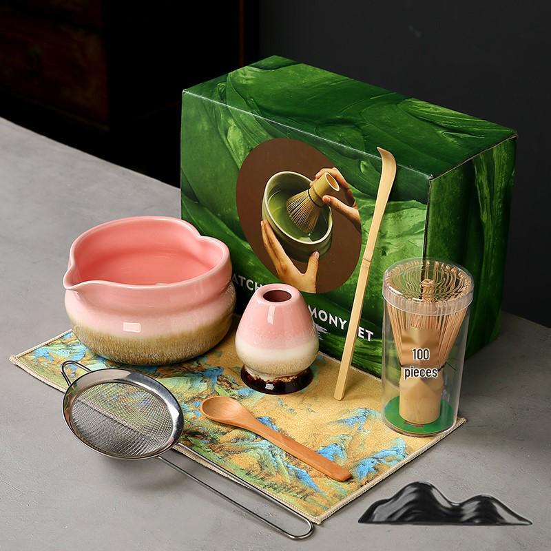 Japanese Heart-shaped Matcha Bowl Set with Whisk and Brush for Tea Ceremony
