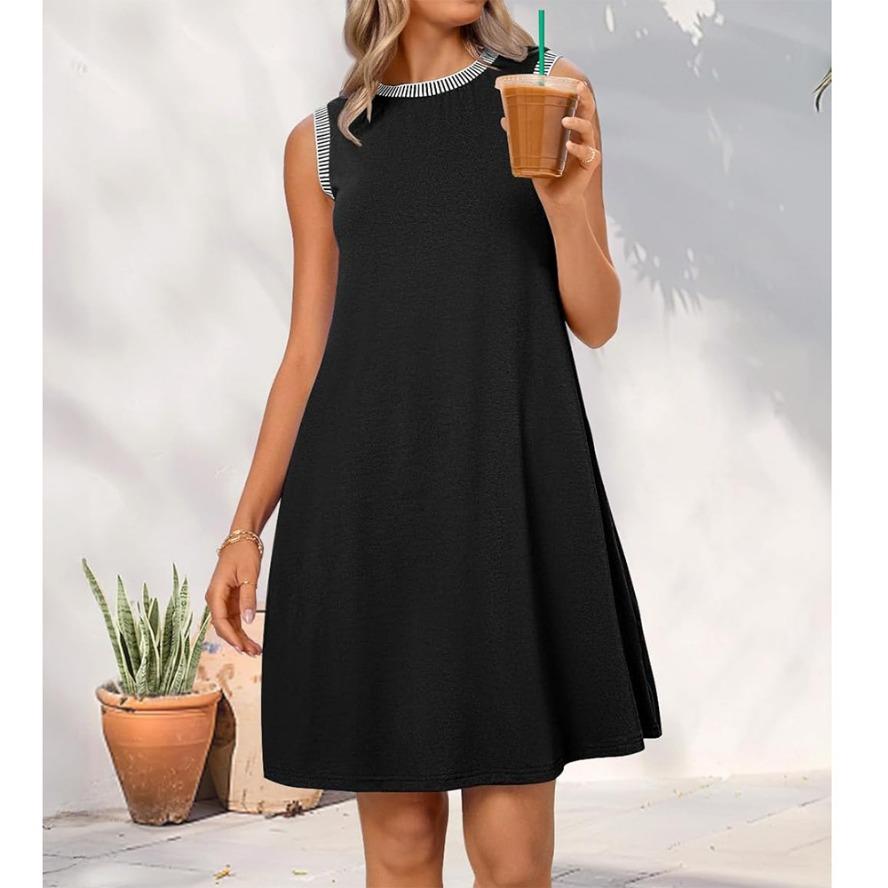 YYFS Women's Fashion Summer Spring Solid Color Print Sleeveless O-Neck Loose Waistline Casual Dresses