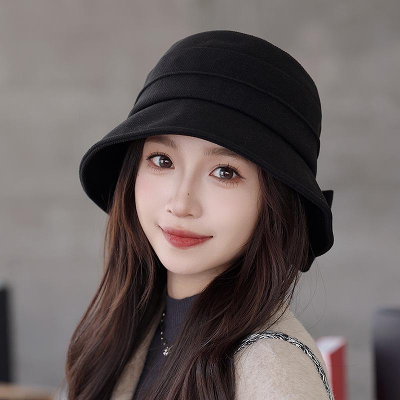Back Split Bow Bucket Hat Women's Autumn and Winter New Sunscreen Basin Hat Elegant Temperament Versatile Plain Hat