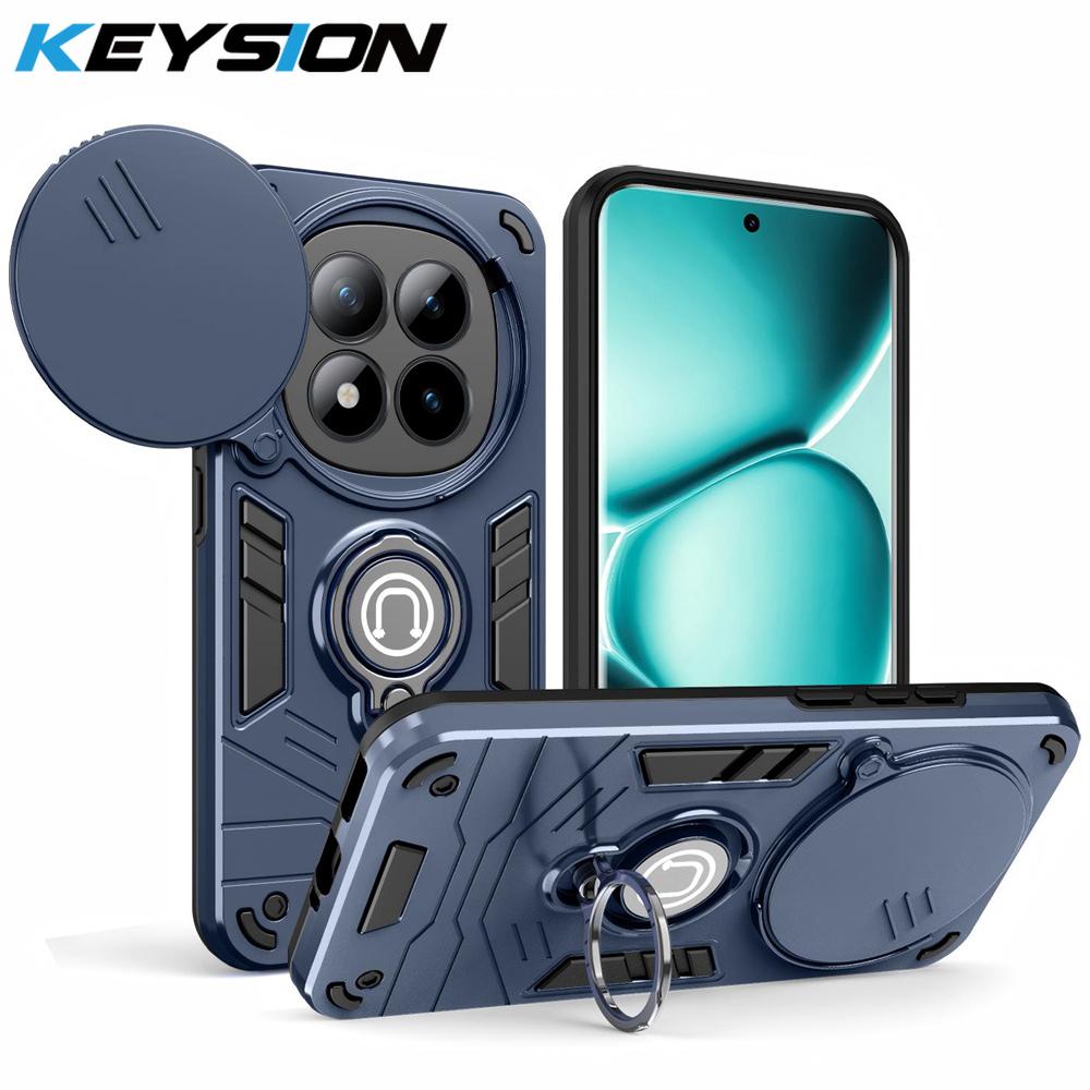 KEYSION Shockproof Armor Ring Stand Case for Xiaomi POCO M8 Pro 5G Slide Camera Lens Protection Phone Back Cover for POCO M8 5G