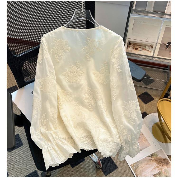 Spring Jacquard Embroidered Lace Shirt Chinese Style Long Sleeve Blouse Women Elegant Fashion Top