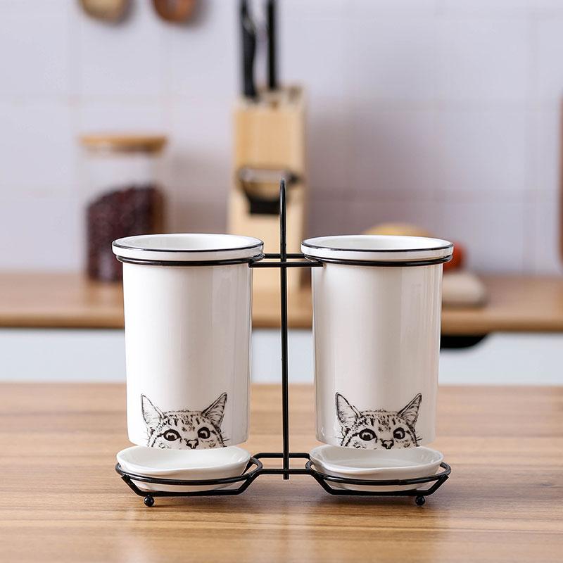 Cat Ceramic Chopsticks Holder Set Drain Rack Chopstick Cage Cutlery Box Kitchen Storage Organizer Chopsticks Box Storage Rack