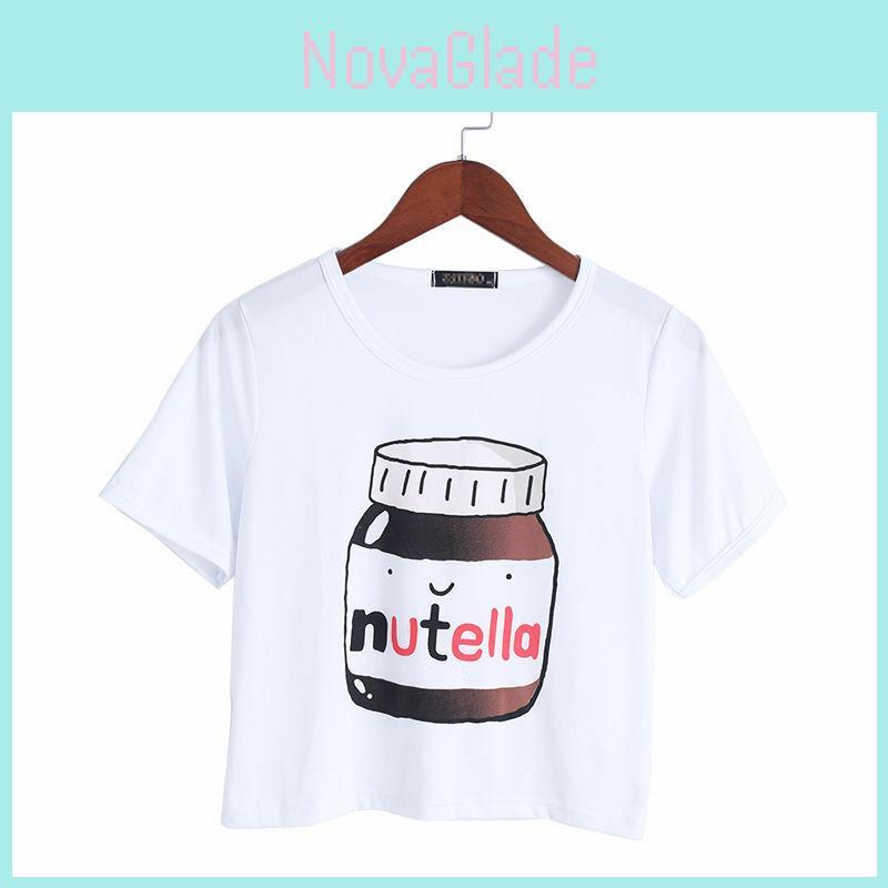 Harajuku Woman Kawaii Casual Fashion Nutella Print Tees Crop Tops Short Tshirt