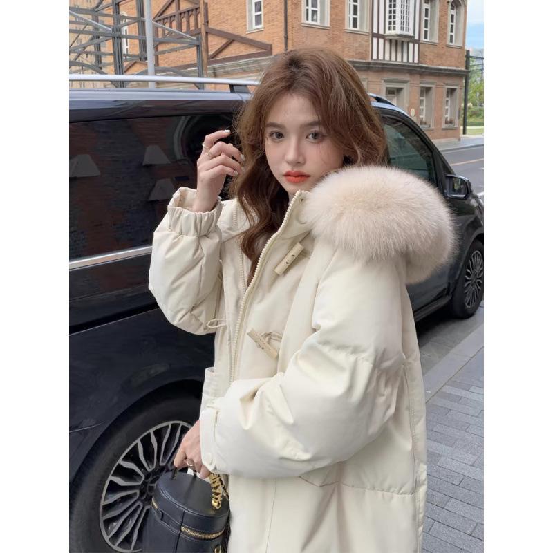

Down cotton clothes women s medium and long winter new hooded big fur collar thickened loose knee coat in S