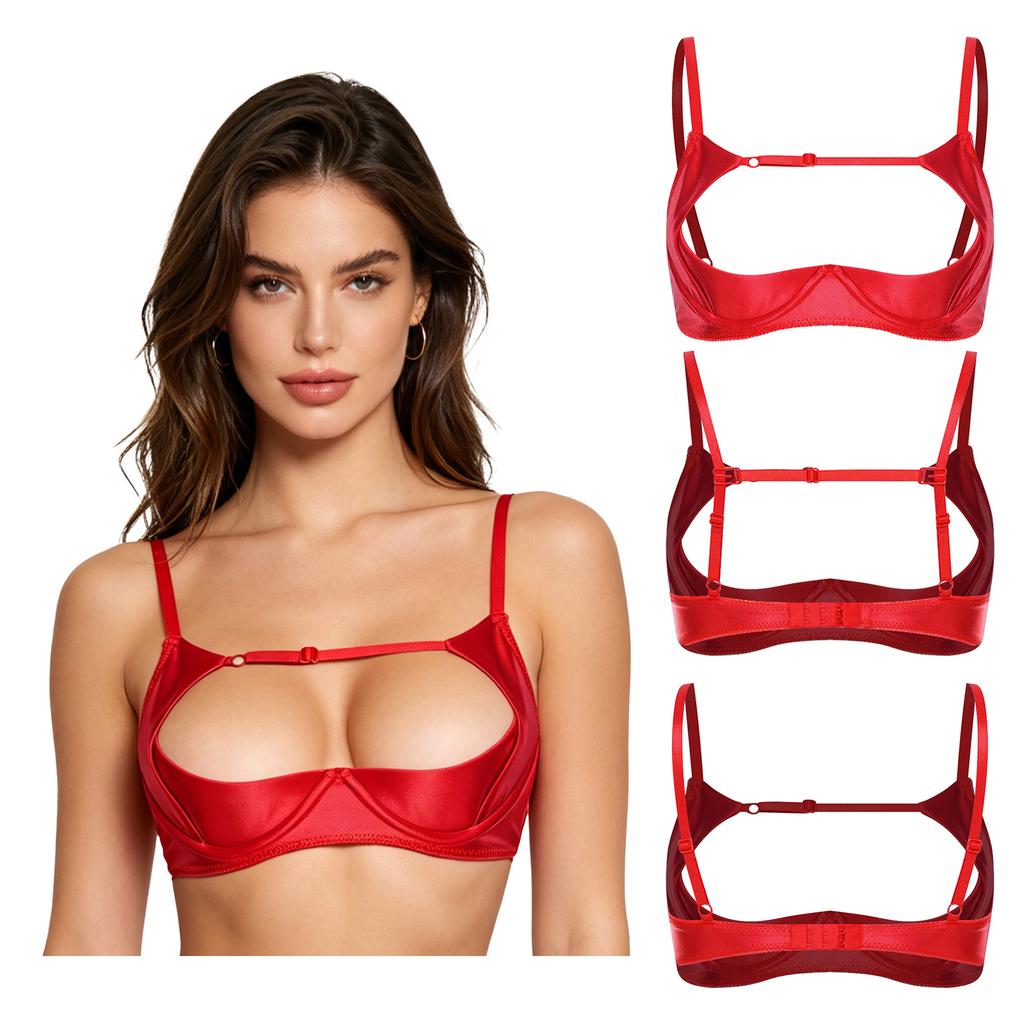 1/4 Cup Push-up Underwire Shelf Bra Satin Hollow Out Adjustable Straps Balconette Bralette for Women Lingerie Sleepwear