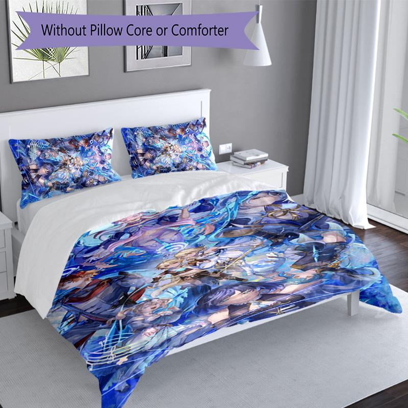 Set lenzuola con motivo personaggi Genshin Impact 3 pezzi set copripiumino include copripiumino e federe, decorazione camera da letto e regalo perfetti per tutte le stagioni