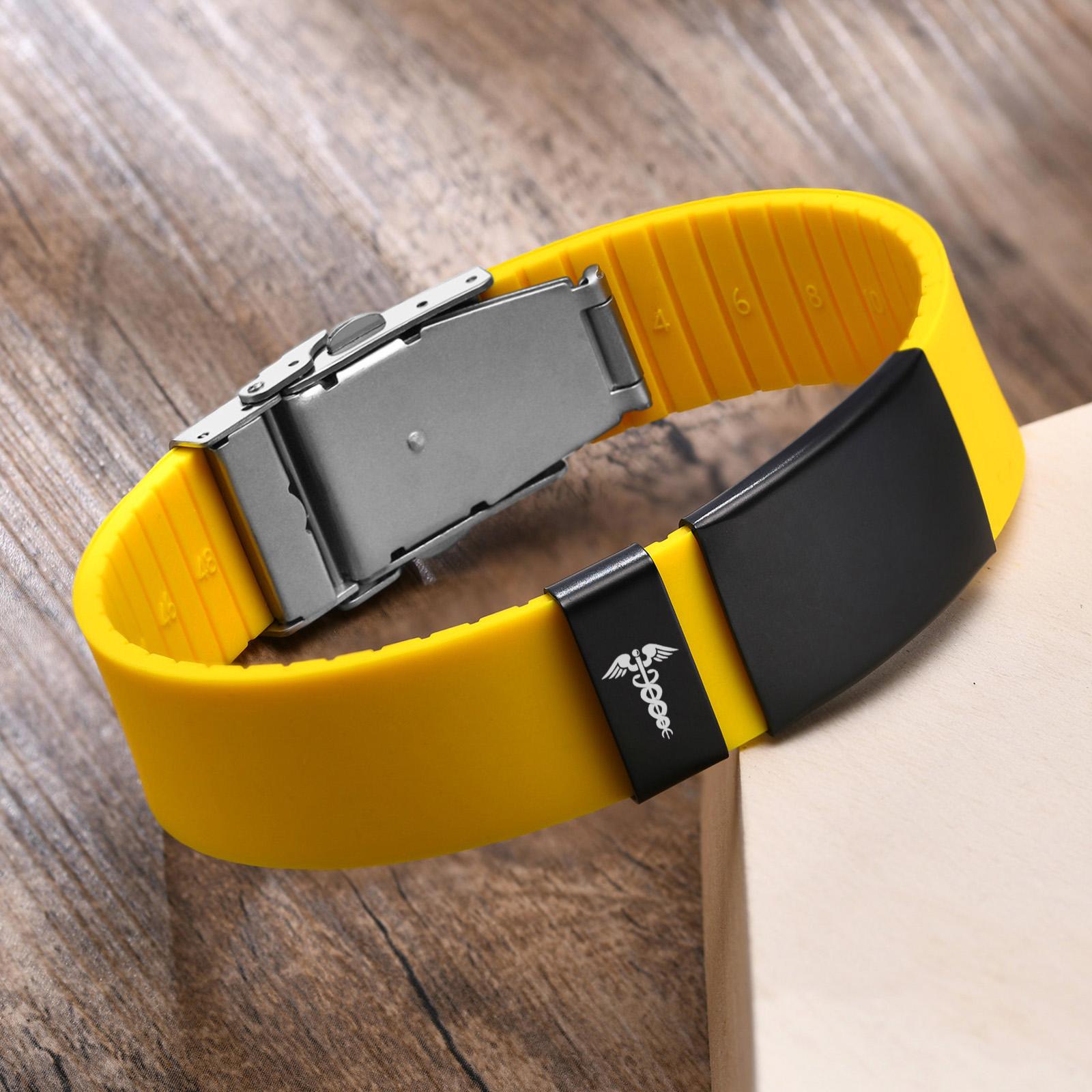 

Custom Engrave Blank ID Bracelets for Women,Casual Silicone Wristband with Stainless Steel Medical Logo Tag,Length Adjustable No text