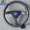 Blue Yellow Stitching Italy Style V1 Steering Wheel Real Leather 14inch 350mm Flat Italy Back Engraving Racing Street Sport
