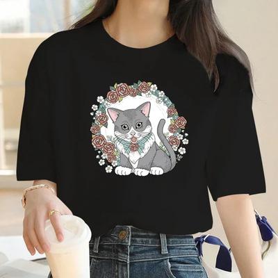 Fashion Flower Cat For Women's High-Quality Summer Print T-shirt Casual Oversized Y2k 2024Personality Sleeve O-neck