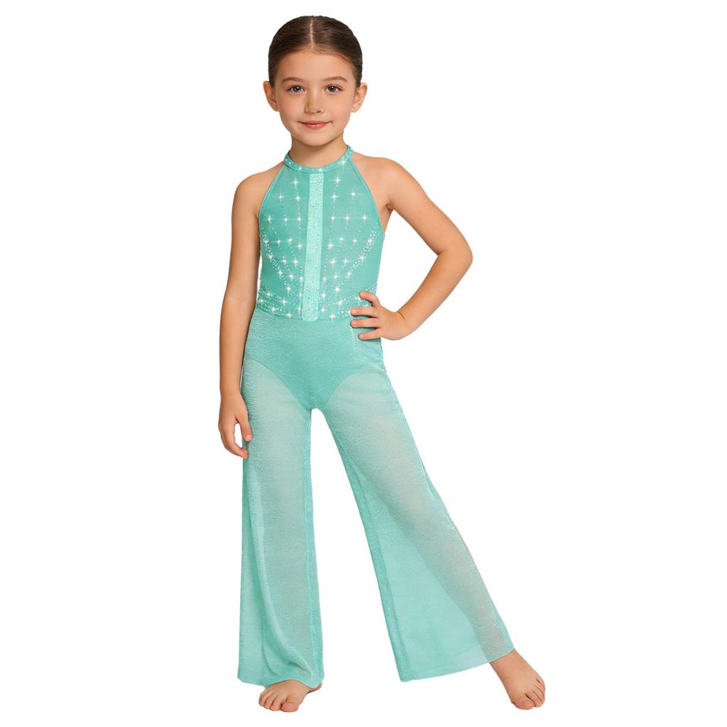 Mädchen Strass Glitzernder Body Ärmellos Schlüsselloch Rücken Tanz Jumpsuit