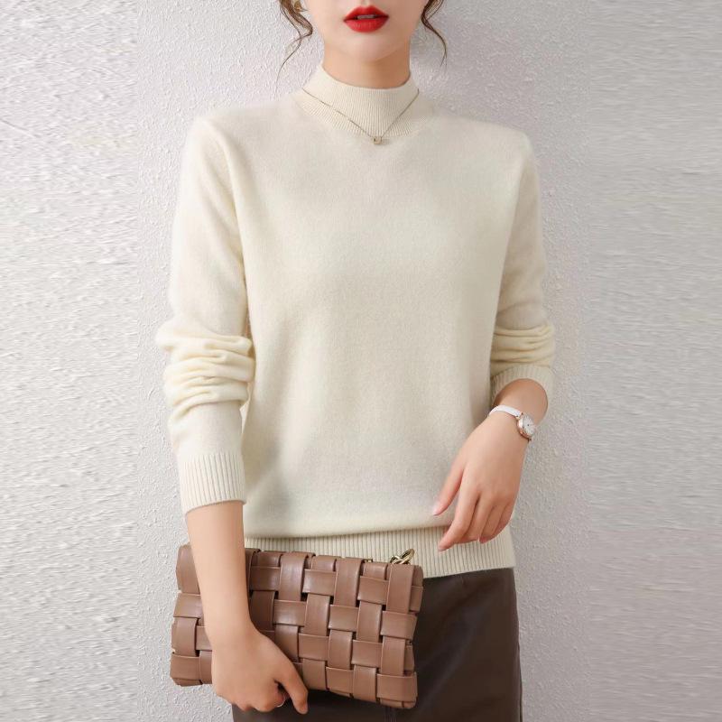 Women's Autumn/Winter Wool Sweater - Half-High Round Neck, Warm Knit Pullover, Ideal Base Layer