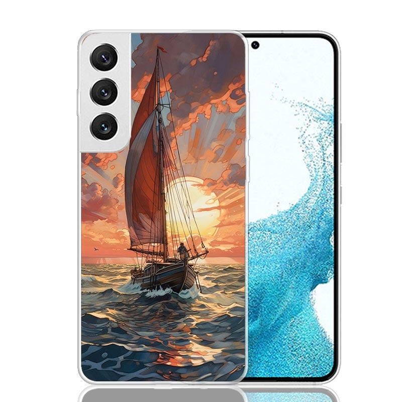 Sailing Boat Sunset Phone Case For Samsung Galaxy S25 S24 S23 S22 S21 FE S20 Ultra S10 Plus Art Customized Coque Capa S24 S23 S2