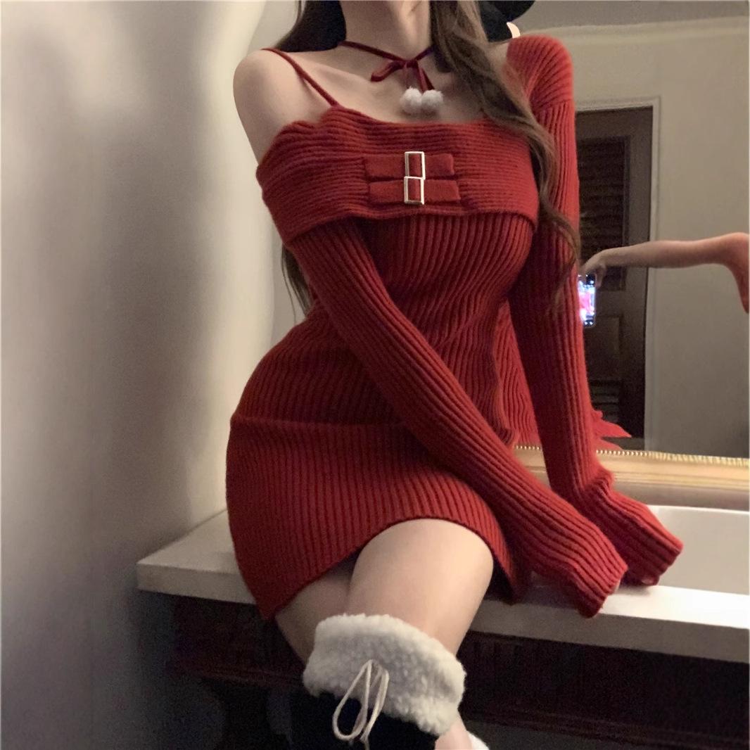 

Sexy Red Off-Shoulder Bodycon Knit Dress for Women - Spring & Autumn M