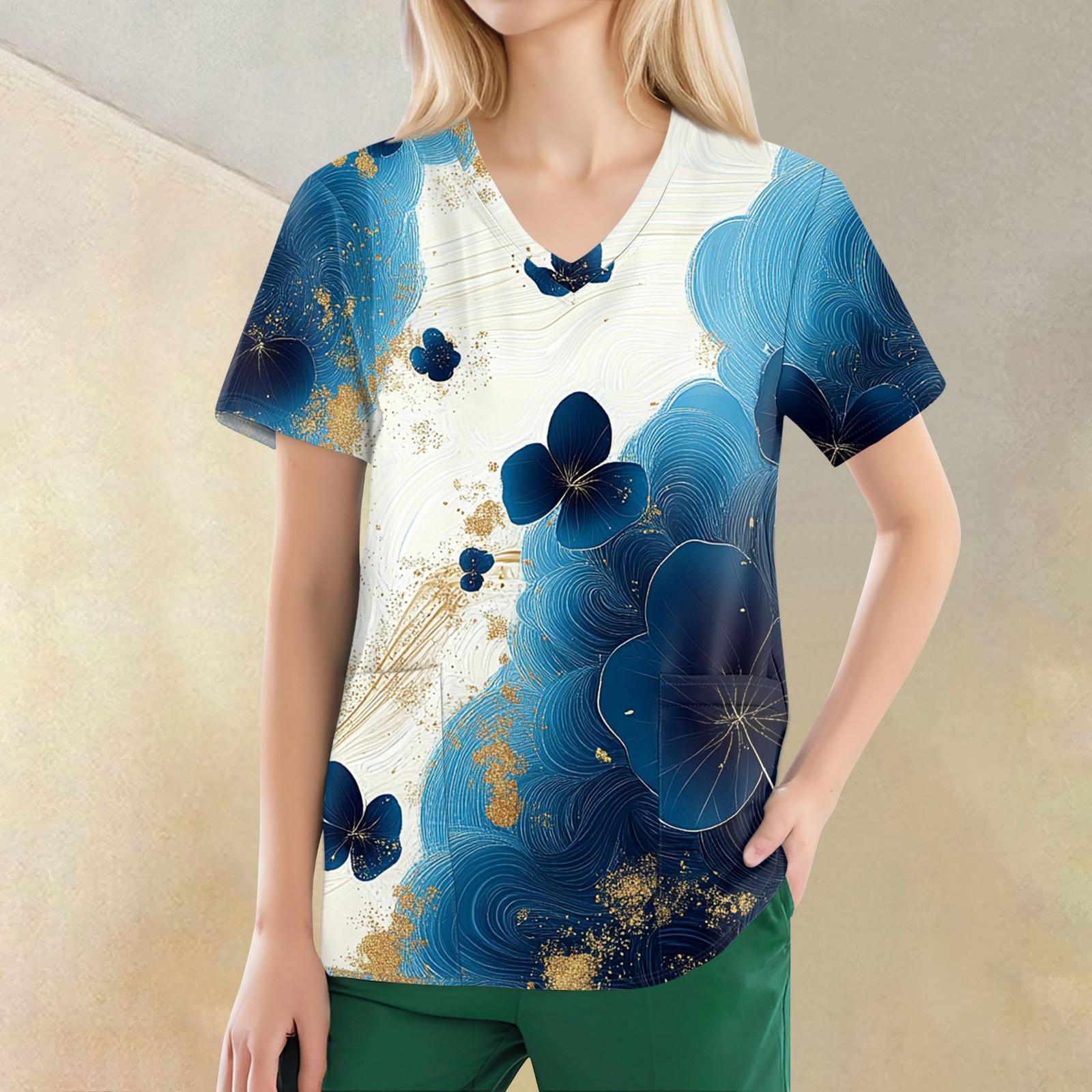 

Женские модные повседневные топы с v-образным вырезом и защитная спецодежда с принтом M синий