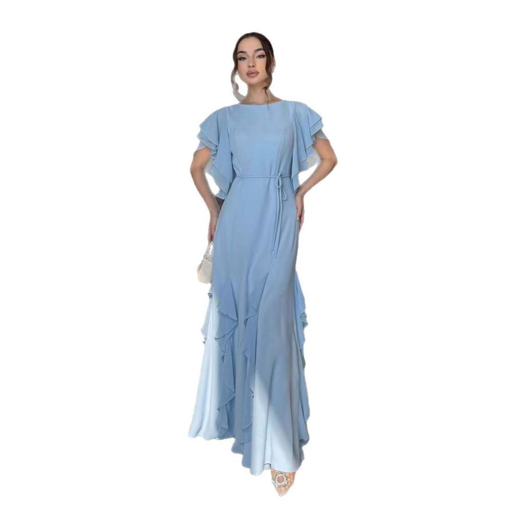 European-American 2025 Summer Women's A-Line Dress with Lace Ruffles and French Pleats