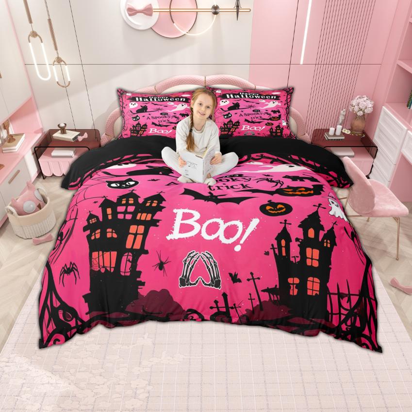 

Comforter Homewish Kawaii Spooky Animal 2Pcs/3Pcs Pink Halloween Theme Bedding For Girls Cartoon Ghost Print Bed Set Comforter (quilt)-EU Single(135*200cm)3pcs