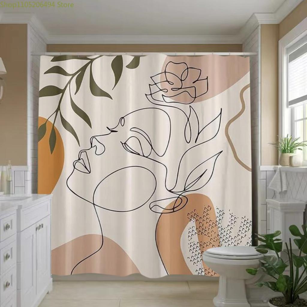 1pc Line Art and Botanical Elements Shower Curtain, Home Decor Printed Curtain, No Drill Bathroom Divider