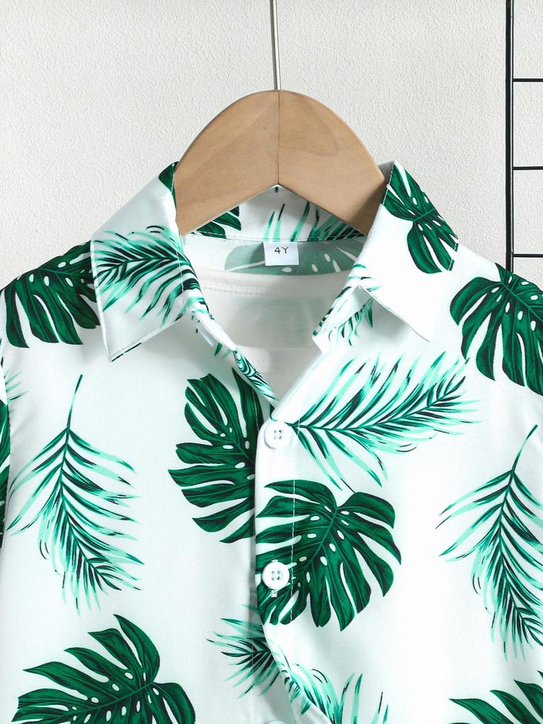 Boys' Tropical Leaf Print Shirt & Shorts 2Pcs Outfit
