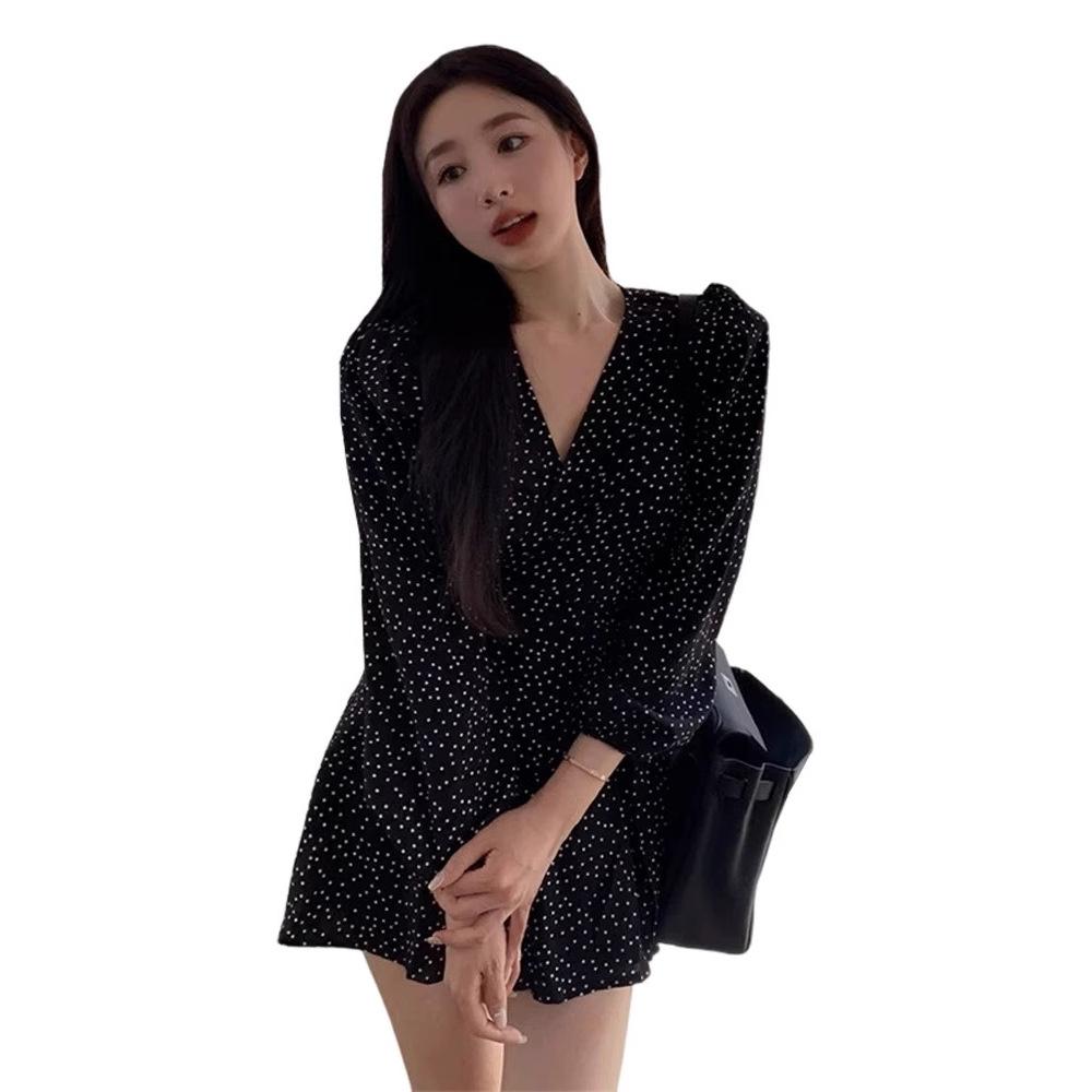 Black polka dot dress dress women's spring French retro gentle seaside vacation style coffee break temperament short skirt
