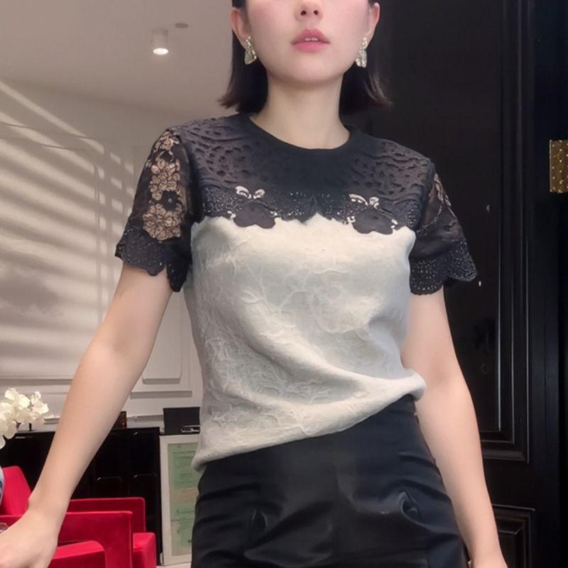 

2025 Summer New arrival Accessible Luxury Fancy Lace Patchwork Shoulder Short-sleeved Niche style Meat Covering Slim Looking T-shirt Women s Top Gray 3XL