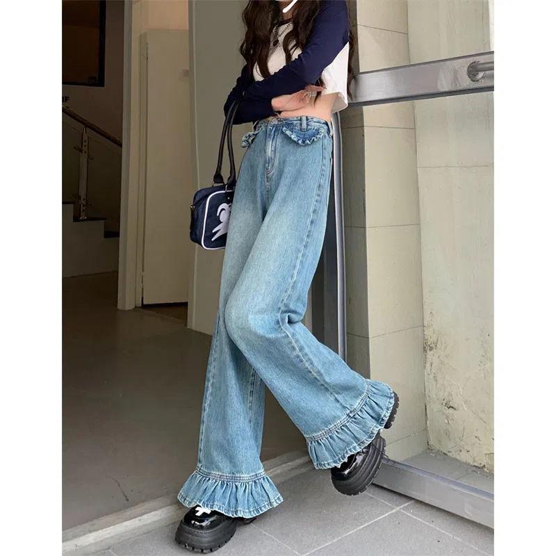 American Style High Waist Straight Leg Jeans with Playful Ruffles Trendy and Slim Fit