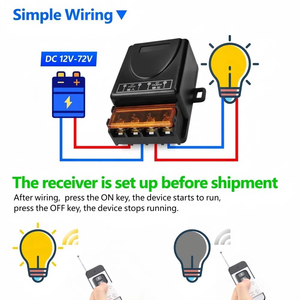 433Mhz Wireless Remote Control Switch DC 12V 72V 30A High Power RF Relay Module 1000m Remote for Fan Light Pump Switch Smart Home DIY Devices