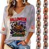 Women's V-Neck Three-Quarter Sleeve Casual Top with Halloween Print