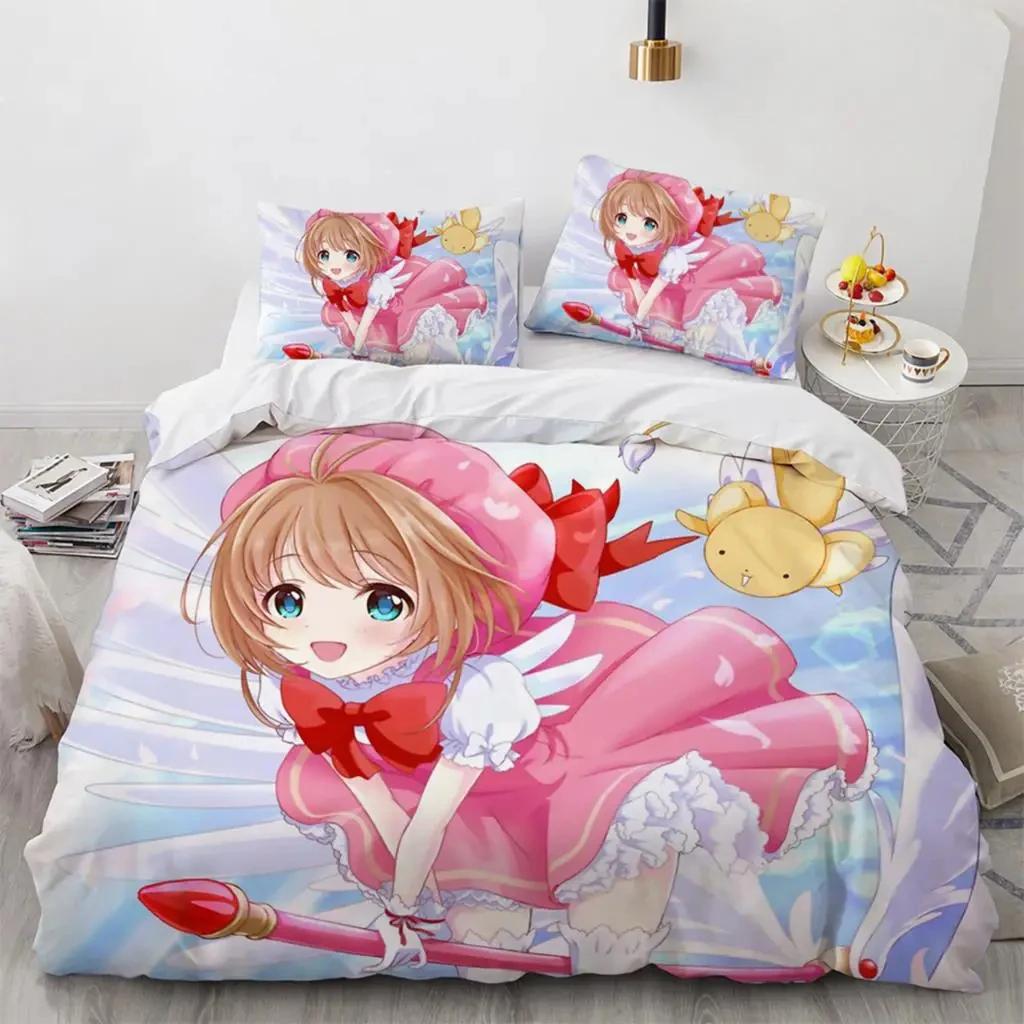 Anime Card Captor Sakura Bettwäsche-Set, Bettbezug, Bettbezug, Kissenbezug, King-Size-Bett, Queen-Size-Bett, Twin-Size-Bett, Jungen, Mädchen, Erwachsene