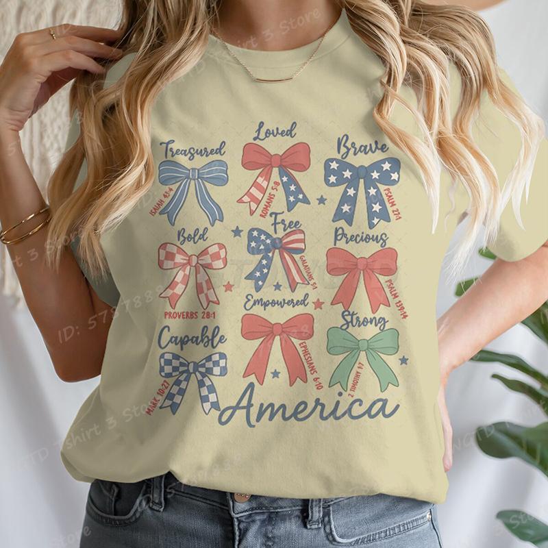 4th Of July Bows America Print Tshirt For Women Summer Casual Tshirts Short Sleeve Tops July 4th Gifts Independence Day Tshirt