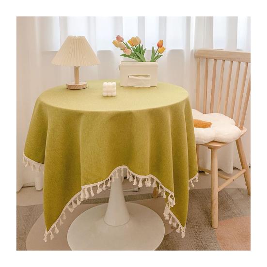 Tovaglia in Cotone e Lino con Bordi Frangiati, Tovaglia Monocolore Lavabile con Nappe, Copritavola Rotondo per Cucina Sala da Pranzo