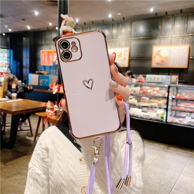 

Ремешок с ожерельем, чехол для телефона для iPhone 11, 13, 14, 15 Pro XS MAX XR 7 8 Plus SE2 12, мини-позолоченный бампер, ремешок на шею For 14 Pro Max