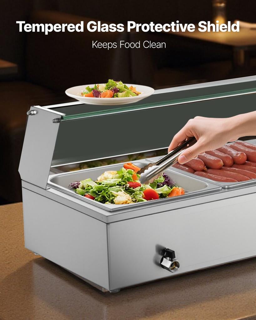 Commercial Food Warmer, 1500W Electric Stainless Steel Steam Food Warmer with Glass Cover, Countertop Buffet Bain Marie with Five 1/2 Size Food Pans,