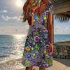 Summer Fashion Women's V Neck Short Sleeve Retro Printed  Dress Sex Short Skirt Dresses