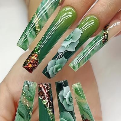 24pcsCoffin Press On Nails Long Flower Fake Nails Spring False Nails With Designs Green Acrylic Nails Glossy Stick On Nails