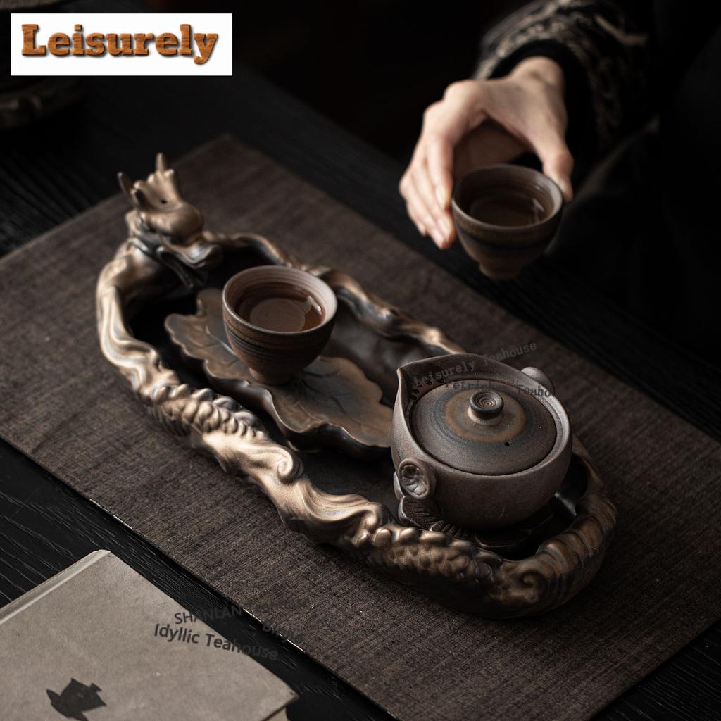 Gilt Coarse Pottery Dragon Lying On Lotus Tea Tray Afternoon Tea Dessert Plate Coffee Storage Board Teapot Mat Dishes Tea Set