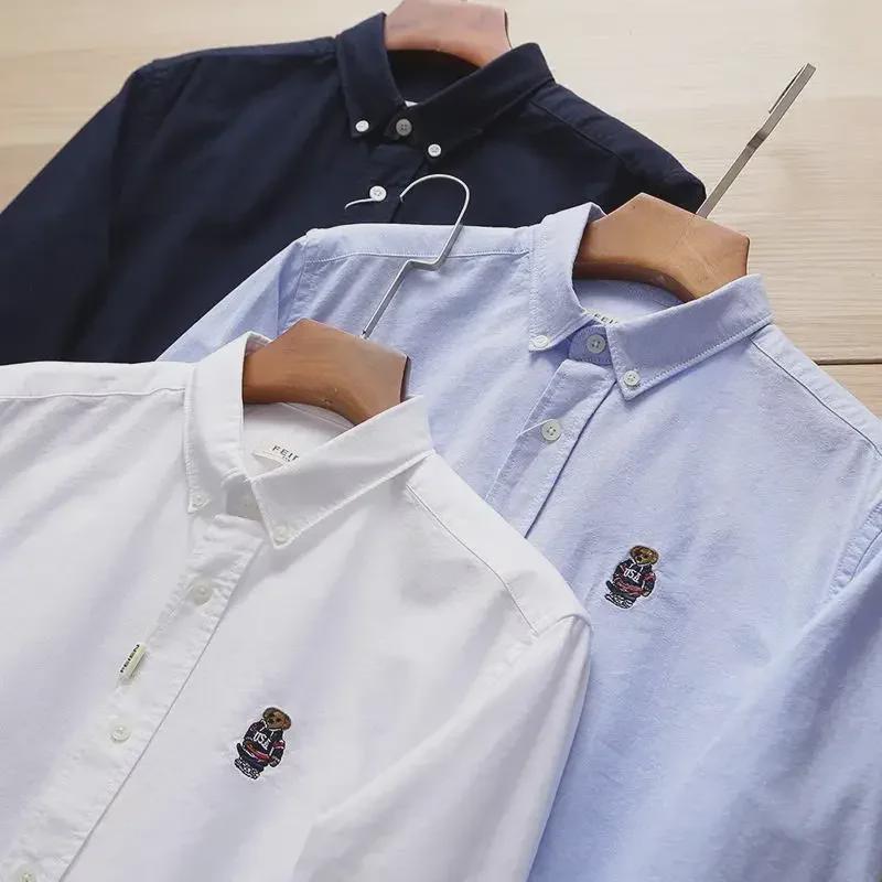 Oxford Beer Geborduurd Heren 100% Katoen Effen Lange Mouw Shirt - Originele Pasvorm voor Herfst & Winter