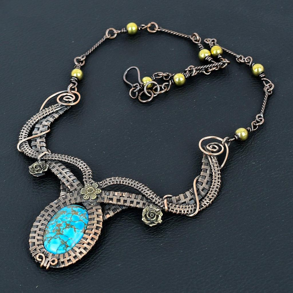 Blue Turquoise Handmade Gemstone Necklace, 999 Copper Wire Wrapped Antique Jewelry Adjustable Chain Necklace, For Engagement Gift