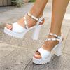 Fashion Platform Block Heel Sandals Summer New Round Toe Open Toe Pearl One-Slip Wear-Resistant High Heels