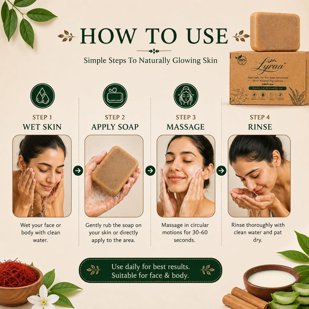 Ayurvedic De-Tan Soap with Natural Ingredients | Handmade Herbal Bath Soap for Gentle Cleansing, Skin Refreshing & Daily Care | Sandalwood, Turme