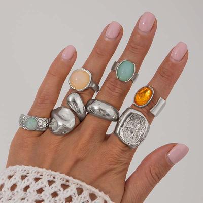 7Pcs/Set Vintage Colorful Crystal Open Rings for Women Men Luxury Gold Color Geometric Metal Rings Set Trendy Finger Jewelry