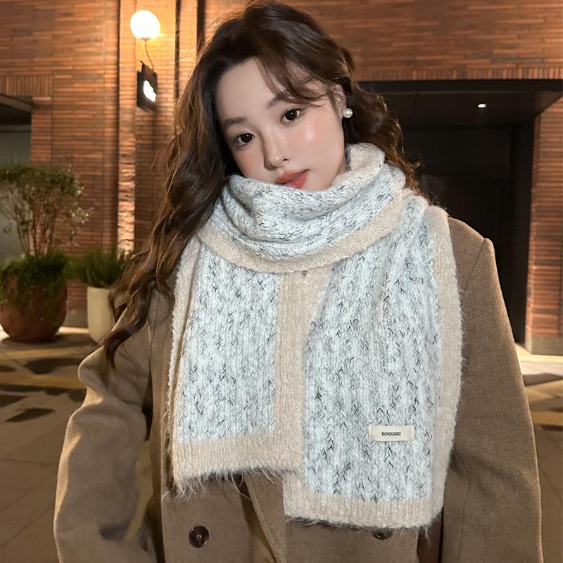 White scarf women's winter new versatile knitted wool with wool warm scarf men