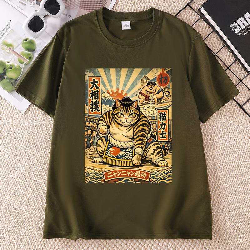 Sumo Cat TShirt Japanese Style Funny Cat Tee Casual Round Neck Printed Cotton T Shirt Streetwear Summer Casual Short Sleeve