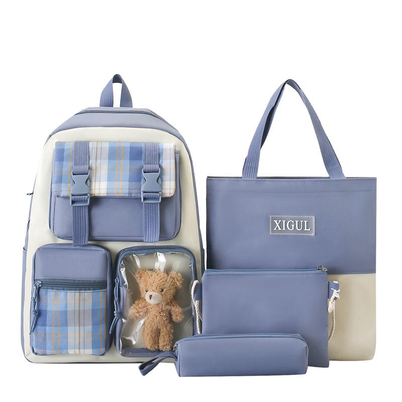 Schoolbag new canvas student schoolbag Korean version plaid four-piece set junior high school campus casual backpack large capacity backpack