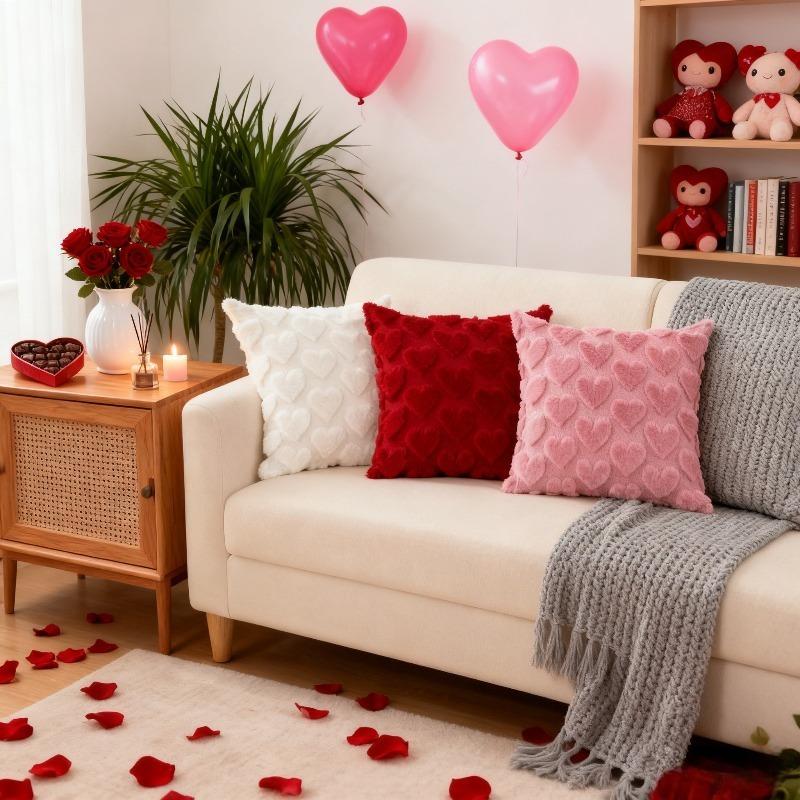 Valentine's Day Plush Pillow Cover with Heart Embroidery Jacquard Cushion for Sofa Living Room Decor (Pillow Not Included)