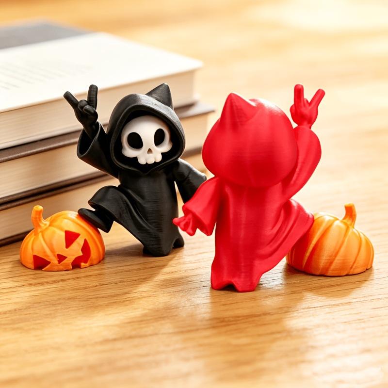 1Pcs Halloween Skeleton Ghost Figurine With Pumpkin Decor Cute Hooded Skull Statue For Home Desktop Party Ornament Gift