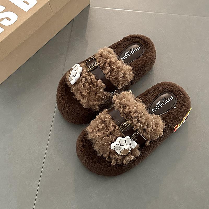 Cute cartoon belt buckle fluffy shoes women's 2025 autumn and winter new outer wear versatile cotton slippers one-word cotton slippers tide
