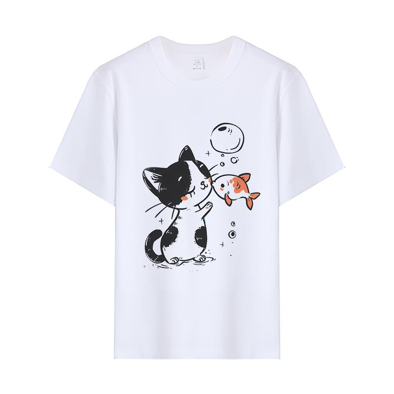 New Summer Cat Pattern Print Versatile Round Neck Short-sleeved T-shirt Top Regular Style Comfortable S