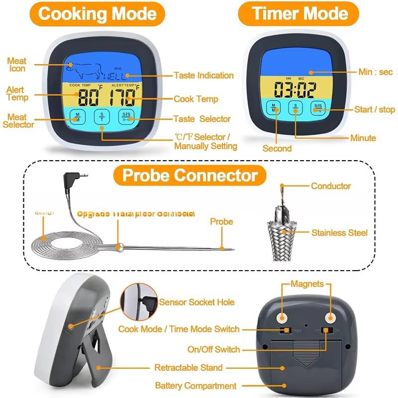 Digitales Küchenthermometer mit Sonde Touchscreen Fleisch BBQ Lebensmittel Temperaturwerkzeug Steak Kochtimer Backen Grillthermometer