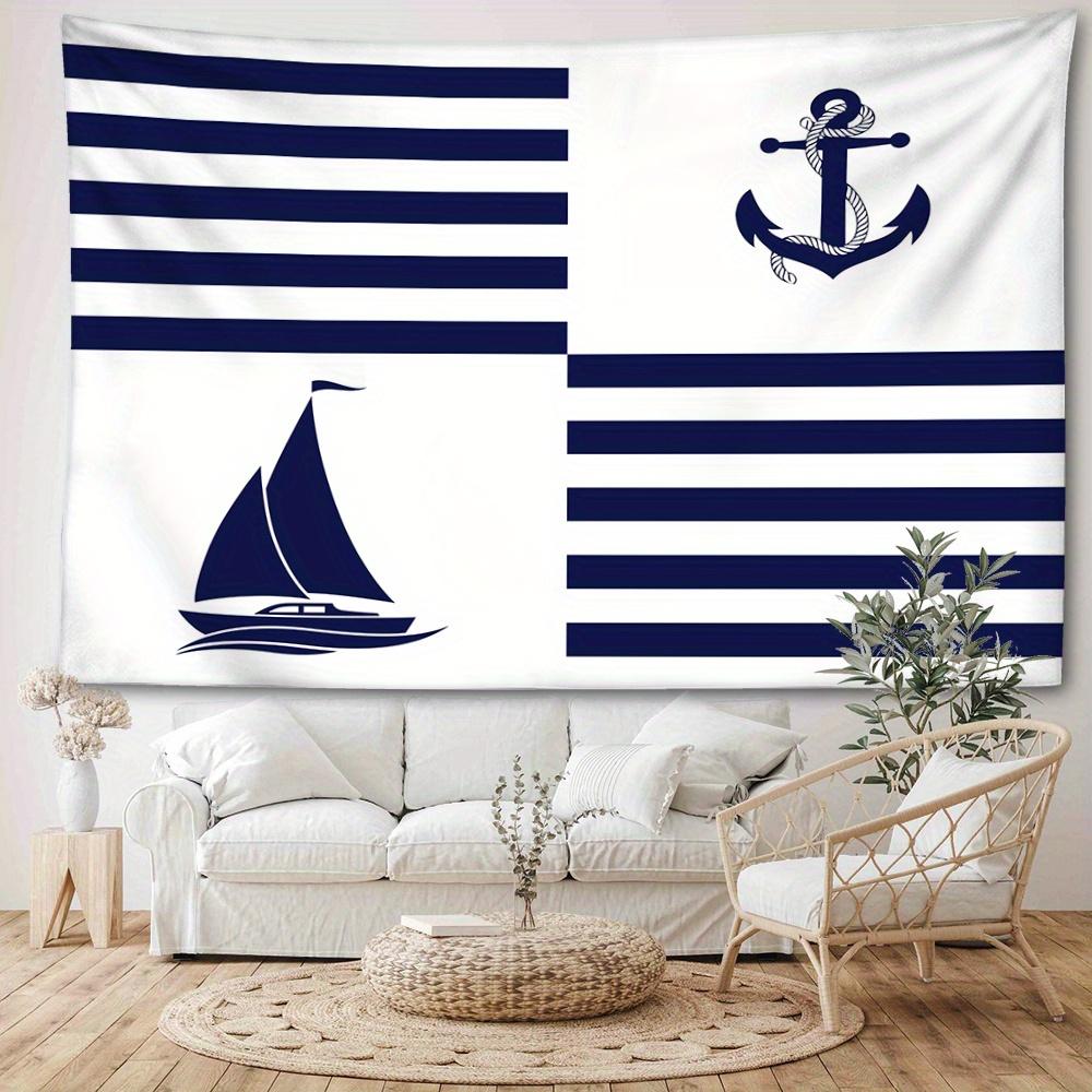 1 Stück Nautische Anker und Segelboot Wandteppich - Blau und Weiß gestreiftes Maritimes Thema Wandbehang, Polyester Gewebt, Tier Grafik Dekor für Bett